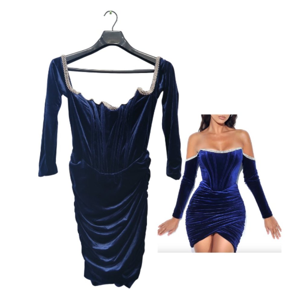Navy Velvet Off Shoulder Corset Dress With Crystal Trim